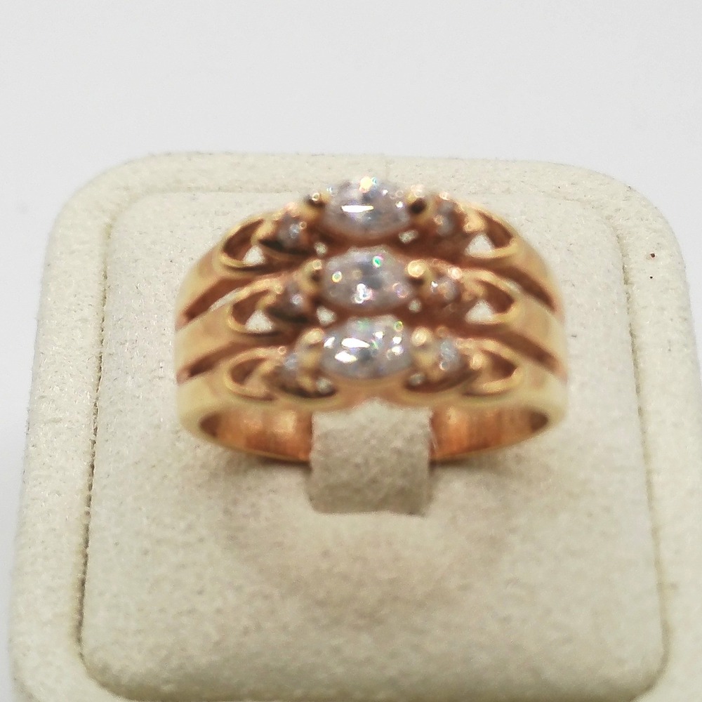 Gold Tone Triple Band Marquise Crystal Filigree Cocktail Ring Size 9